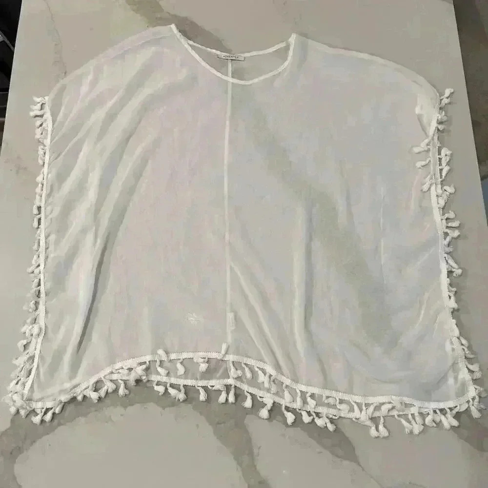 Adreamly Women’s Beach Swim Cover Up White Kafton White Pom Pom Trim Small